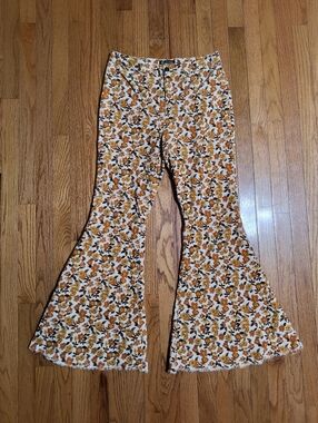 Versona Bell Bottoms, Corduroy Flare Leg Pants, Women's 8, Brown/Orange Floral